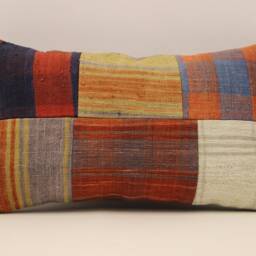 Turkish Kilim Pillow Cover, Handmade Wool Patchwork, 12x20 Lumbar - thumbnail 2