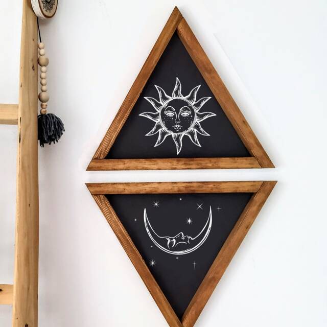 Sun & Moon Aztec Wood Sign Set Boho Wall Decor - image 1