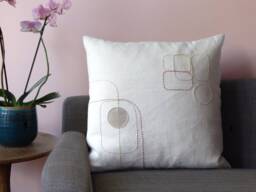Square Decorative Cushion 40 X cm Design in Linen & Cotton Contemporary Geometric Pattern Handmade Hand Embroidered - thumbnail 1