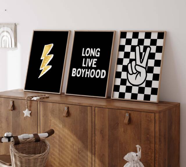 Boys Nursery Prints Lightning Bolt, Checkered Peace Sign, Boyhood Quote - Set Of 3 - image 1