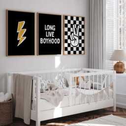 Boys Nursery Prints Lightning Bolt, Checkered Peace Sign, Boyhood Quote - Set Of 3 - thumbnail 2