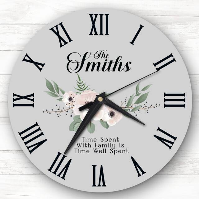 Family Floral Grey Background Personalised Gift Clock - image 1