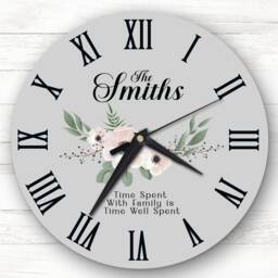 Family Floral Grey Background Personalised Gift Clock - thumbnail 1