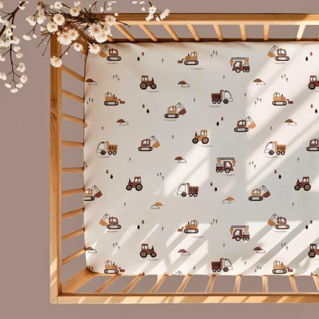 Baby Boy Diggers Cot-Bed-Fitted-Sheet-100% Cotton, Beige Tractors, Trucks, 60 X 120 cm , 70 140 cm, Maxi Cosi Iora, Snuzpod - image 1