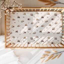 Baby Boy Diggers Cot-Bed-Fitted-Sheet-100% Cotton, Beige Tractors, Trucks, 60 X 120 cm , 70 140 cm, Maxi Cosi Iora, Snuzpod - thumbnail 2