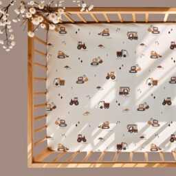 Baby Boy Diggers Cot-Bed-Fitted-Sheet-100% Cotton, Beige Tractors, Trucks, 60 X 120 cm , 70 140 cm, Maxi Cosi Iora, Snuzpod - thumbnail 1