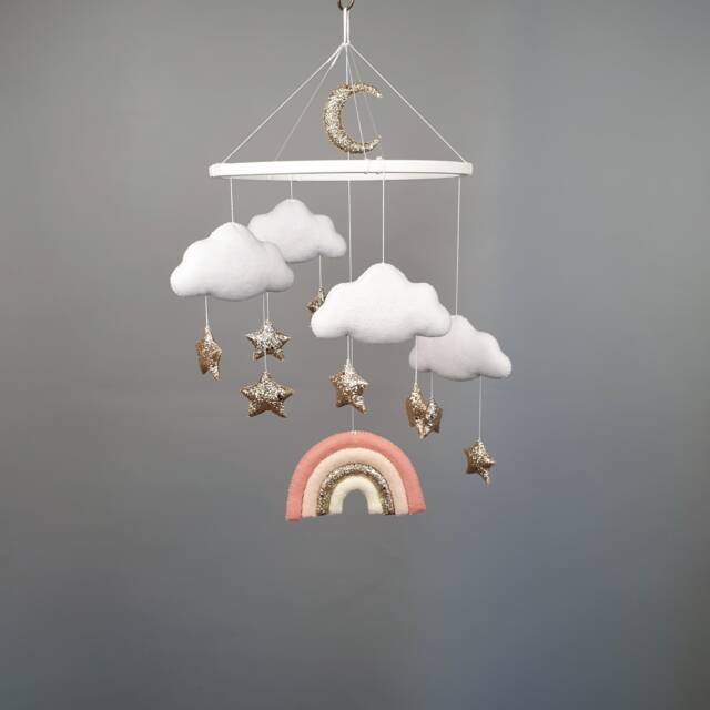 Rainbow Baby Girl Mobile Nursery, Crib Cot Cloud Nursery Mobile, Felt Gold Pink Hanging Moon & Star Decor - image 1