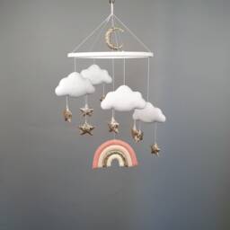 Rainbow Baby Girl Mobile Nursery, Crib Cot Cloud Nursery Mobile, Felt Gold Pink Hanging Moon & Star Decor - thumbnail 1