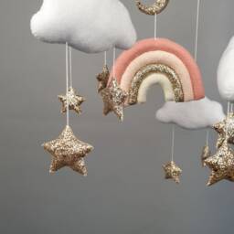 Rainbow Baby Girl Mobile Nursery, Crib Cot Cloud Nursery Mobile, Felt Gold Pink Hanging Moon & Star Decor - thumbnail 3