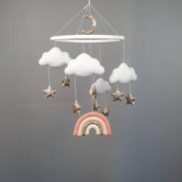 Rainbow Baby Girl Mobile Nursery, Crib Cot Cloud Nursery Mobile, Felt Gold Pink Hanging Moon & Star Decor - thumbnail 2