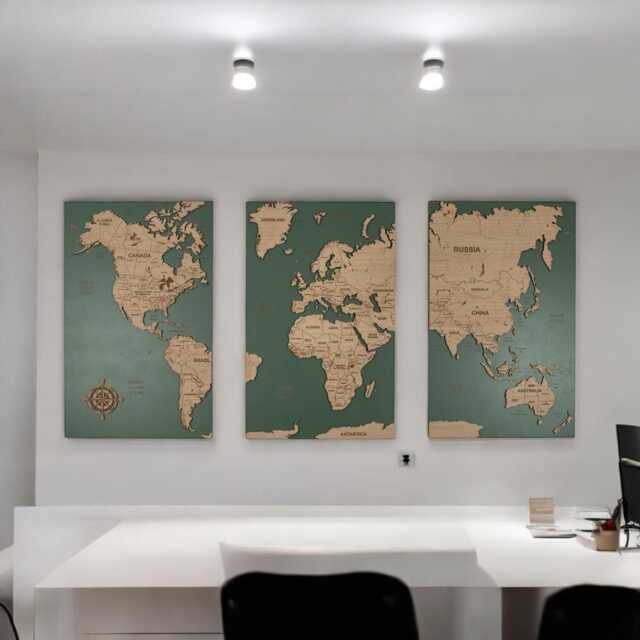 World Map Cork Push Pin Board Wall Art Travel Map, Oak Wood Or Wooden Decor, 3 Panel Feature Art, Anniversary Gift - image 1