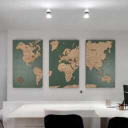 World Map Cork Push Pin Board Wall Art Travel Map, Oak Wood Or Wooden Decor, 3 Panel Feature Art, Anniversary Gift
