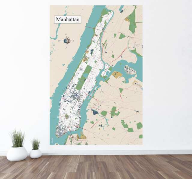 "Giant Map Of Manhattan Mural Wall Art, Not Ai Designed, Decal 48""x72" - image 1