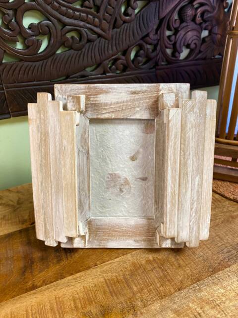 Hand Carved Reclaimed Teak Photo Frame With Wooden Doors - Rustic Whitewash Finish - image 1