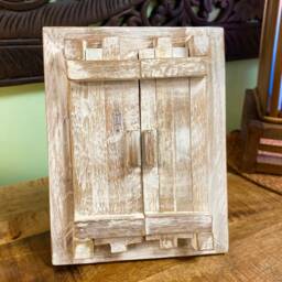 Hand Carved Reclaimed Teak Photo Frame With Wooden Doors - Rustic Whitewash Finish - thumbnail 2