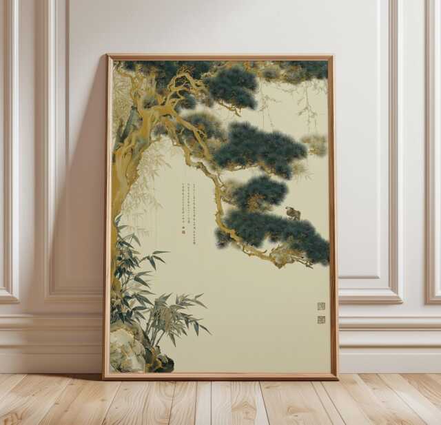 Asian Tree Wall Art Poster Bamboo Pine Illustration Nature Home Decor Living Room Print Soft Neutral Tones, Traditional Ink Style - image 1