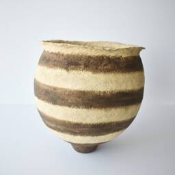 Large Stripped Paper Mache Vase, Wabi Sabi Primitive Pottery Vessel, Rustic Bowl For Shelf Or Table Decor - thumbnail 3