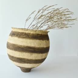 Large Stripped Paper Mache Vase, Wabi Sabi Primitive Pottery Vessel, Rustic Bowl For Shelf Or Table Decor - thumbnail 1