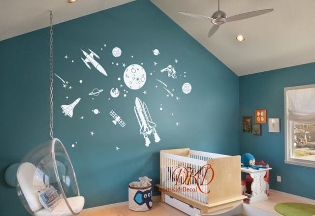 Rocket Wall Decal Space Travel Decals, Little Astronaut, Stars, Planets Solar System-Kids Room Decal-Dk411 - image 1