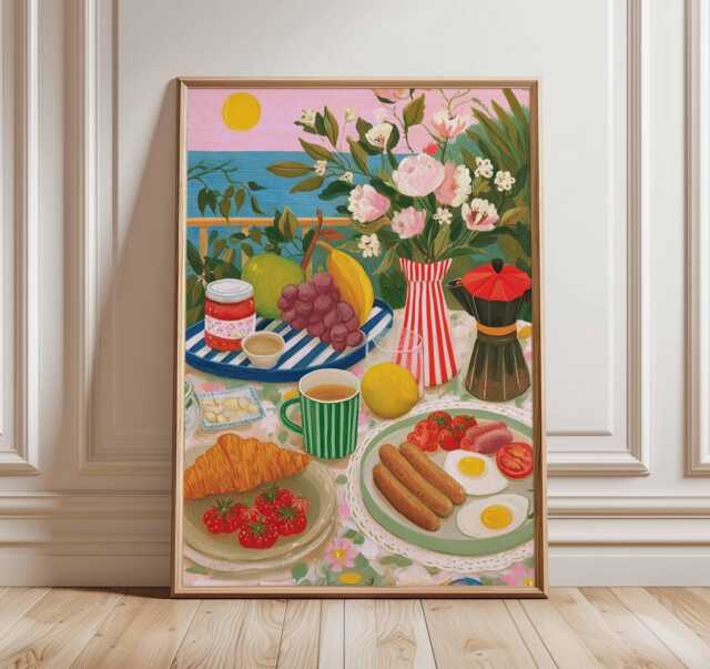 Breakfast Still Life Wall Art Print - Colorful Kitchen Poster, Modern Food Illustration, Vibrant Dining Room Decor, Fruit & Coffee Artwork - image 1