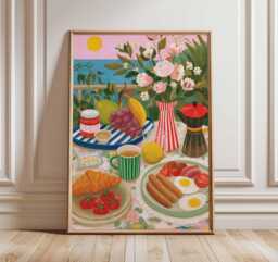 Breakfast Still Life Wall Art Print - Colorful Kitchen Poster, Modern Food Illustration, Vibrant Dining Room Decor, Fruit & Coffee Artwork - thumbnail 1