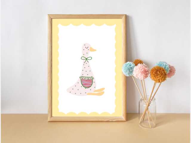 Pretty Pastel Yellow Goose Print With Scalloped Pocket. Perfect For Girls Rooms, A Playroom Or Baby Nursery - Print Only - image 1
