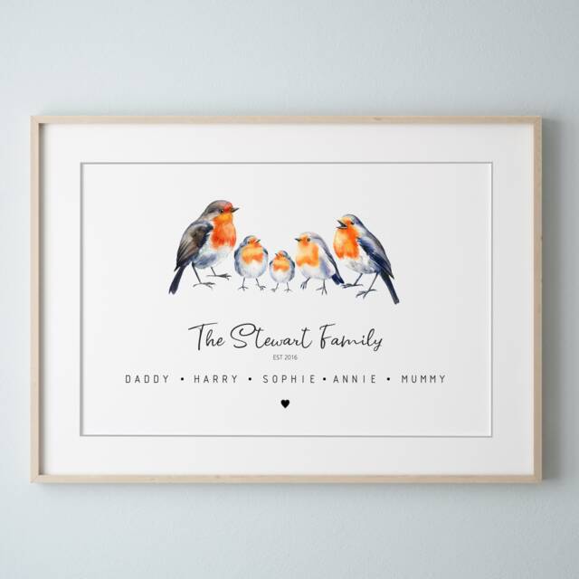 Personalised Robin Bird Family Print, Custom Gift, Animal Elephant Art Mothers Day Birthday Gift - image 1