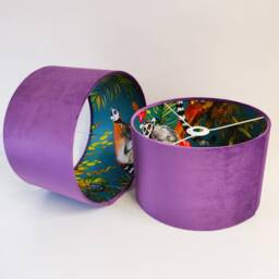 Purple Lampshade in Velvet With Teal Lemur Lining, Large Tropical Ceiling Lightshade - thumbnail 2