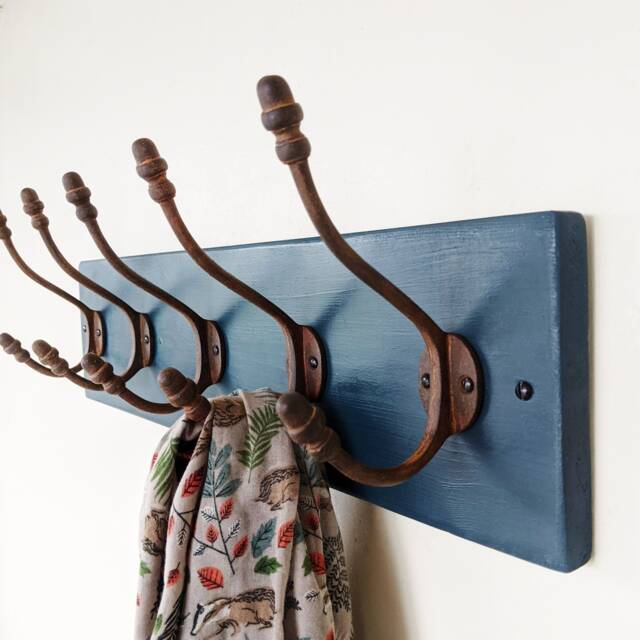 Handcrafted Hague Blue Wooden Coat Rack Vintage Acorn Hooks, Rustic Farmhouse - image 1