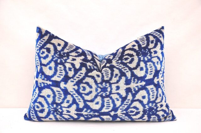 Blue Silk Velvet Ikat Pillow Cover, Handmade Accent Cushion - image 1