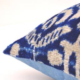 Blue Silk Velvet Ikat Pillow Cover, Handmade Accent Cushion - thumbnail 3