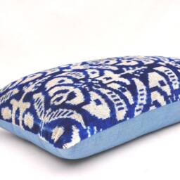 Blue Silk Velvet Ikat Pillow Cover, Handmade Accent Cushion - thumbnail 2