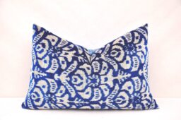 Blue Silk Velvet Ikat Pillow Cover, Handmade Accent Cushion - thumbnail 1