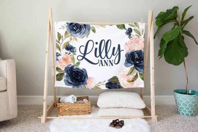 Navy & Pink Floral Personalized Baby Blanket, Custom Shower Gift, Nursery Crib Hospital, Car Blanket - image 1