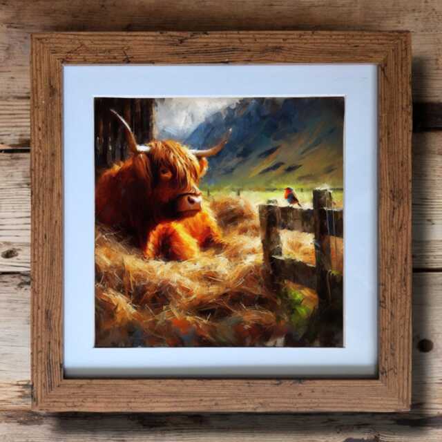 "Framed Highland Cow Print Angus & Robin, Scottish Art - 10""x10" - image 1