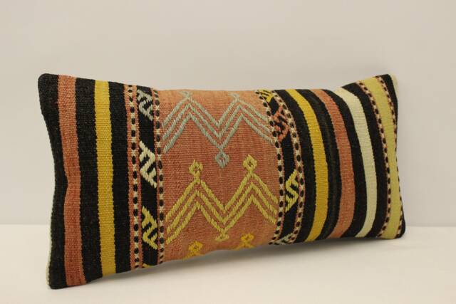 Vintage Turkish Kilim Pillow Cover, Boho Lumbar Cushion - 10x20 - image 1
