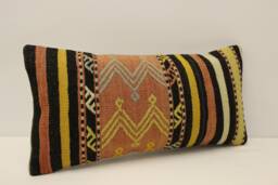 Vintage Turkish Kilim Pillow Cover, Boho Lumbar Cushion - 10x20 - thumbnail 1