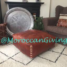 Xx Large Leather Floor Cushion - Xxl Moroccan Contemporary, Luxurious Design Pouffe Square Chestnut Cover Only - thumbnail 2