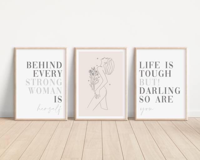 Set Of 3 Woman Body Prints, Strong Quote Wall Art Unframed Line Artwork, Bedroom Room D??cor - A5 A4 A3 Grey & Pink - image 1