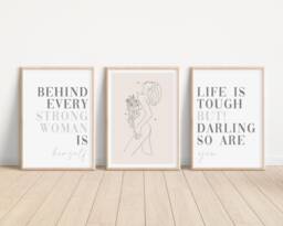 Set Of 3 Woman Body Prints, Strong Quote Wall Art Unframed Line Artwork, Bedroom Room D??cor - A5 A4 A3 Grey & Pink - thumbnail 1