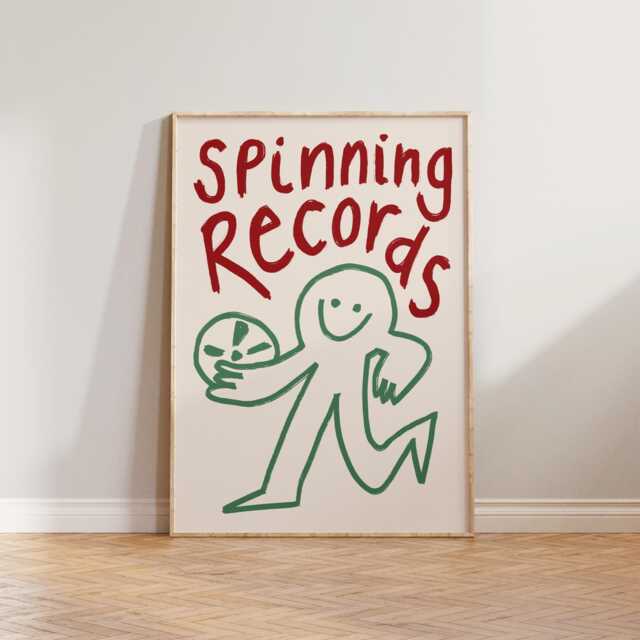 Music Wall Art Print, Living Room Spinning Records Poster, Record Player Art, Vinyl Prints, Hand Drawn Doodle - image 1