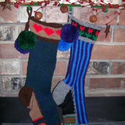 Hand Knit Christmas Stocking Gray Blue Vertical Stripe Flower Detail By Santa's Works - thumbnail 3