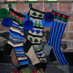Hand Knit Christmas Stocking Gray Blue Vertical Stripe Flower Detail By Santa's Works - thumbnail 4