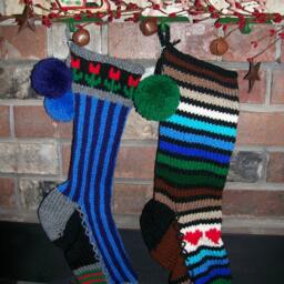 Hand Knit Christmas Stocking Gray Blue Vertical Stripe Flower Detail By Santa's Works - thumbnail 2