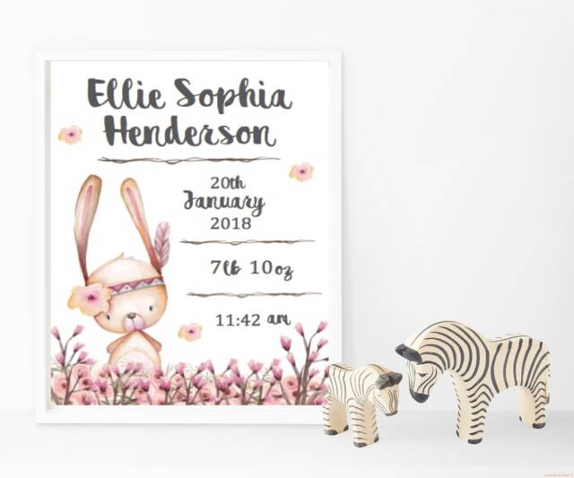 Woodland Bunny Birth Record Print Girly Nursery Decor - Unframed