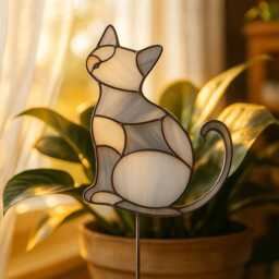 Custom Cat Real Stained Glass Garden Stake - Personalized Plant Decor, Gift For Moms Suncatcher - thumbnail 4