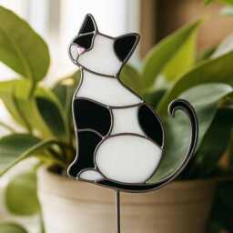 Custom Cat Real Stained Glass Garden Stake - Personalized Plant Decor, Gift For Moms Suncatcher