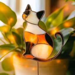 Custom Cat Real Stained Glass Garden Stake - Personalized Plant Decor, Gift For Moms Suncatcher - thumbnail 2