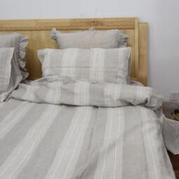 Set Of 4 Pre Stone Washed 100% Natural Linen Oatmeal & Cream Striped Bedding Duvet Cover Set+ 2 Pillowcases + Flat Sheet - thumbnail 3