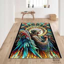 stained Glass Angel Rug - Colorful Winged Art Tile Mat Spiritual Decor - thumbnail 2